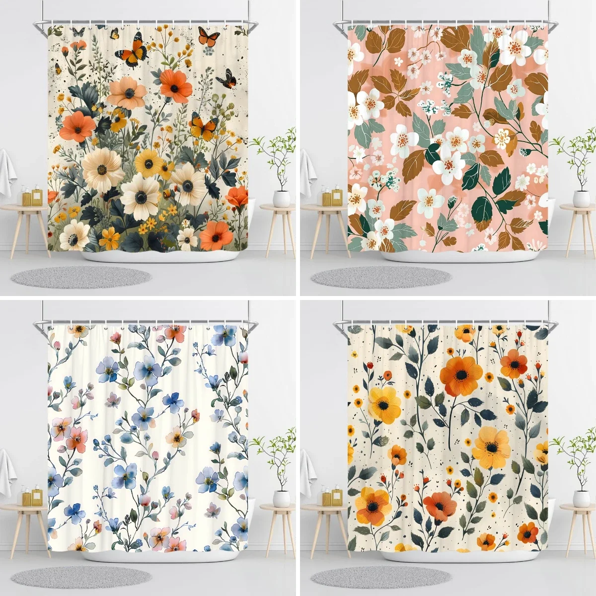 

Pretty Vintage Floral Print Shower Curtain Rustic Rustic Botanical Polyester Fabric Shower Curtains Bathroom Decor with Hooks