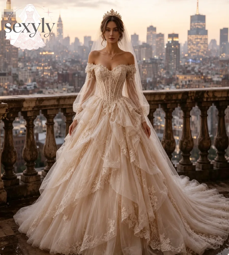 Champagne Off Shoulder Ball Gown Wedding Dress Gypsy Princess heer Sleeves Lace Appliques Tiered Tulle Bridal Gown Country 2026