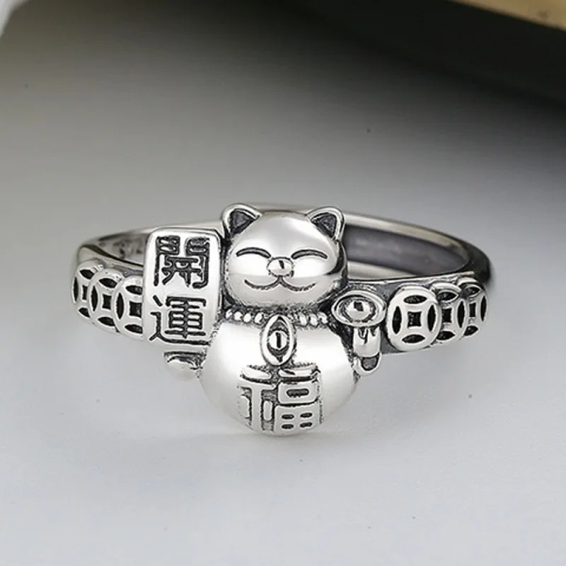 

Real Solid 925 Sterling Silver Band Women Gift Lucky Rich Coin Fu Cat Ring