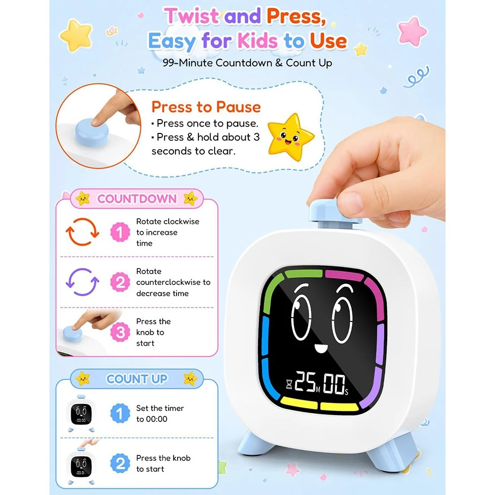 子供向けデジタルタイマー、99分までのカウントダウン機能、充電式、4種類の可愛い表情、ledバックライト付き、時間管理ツール-y47a