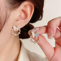 Brincos borboleta círculo para mulheres, agulha de prata 925, moda coreana, joalheria suave, parafuso prisioneiro de pérola de cristal, tendência, 2024