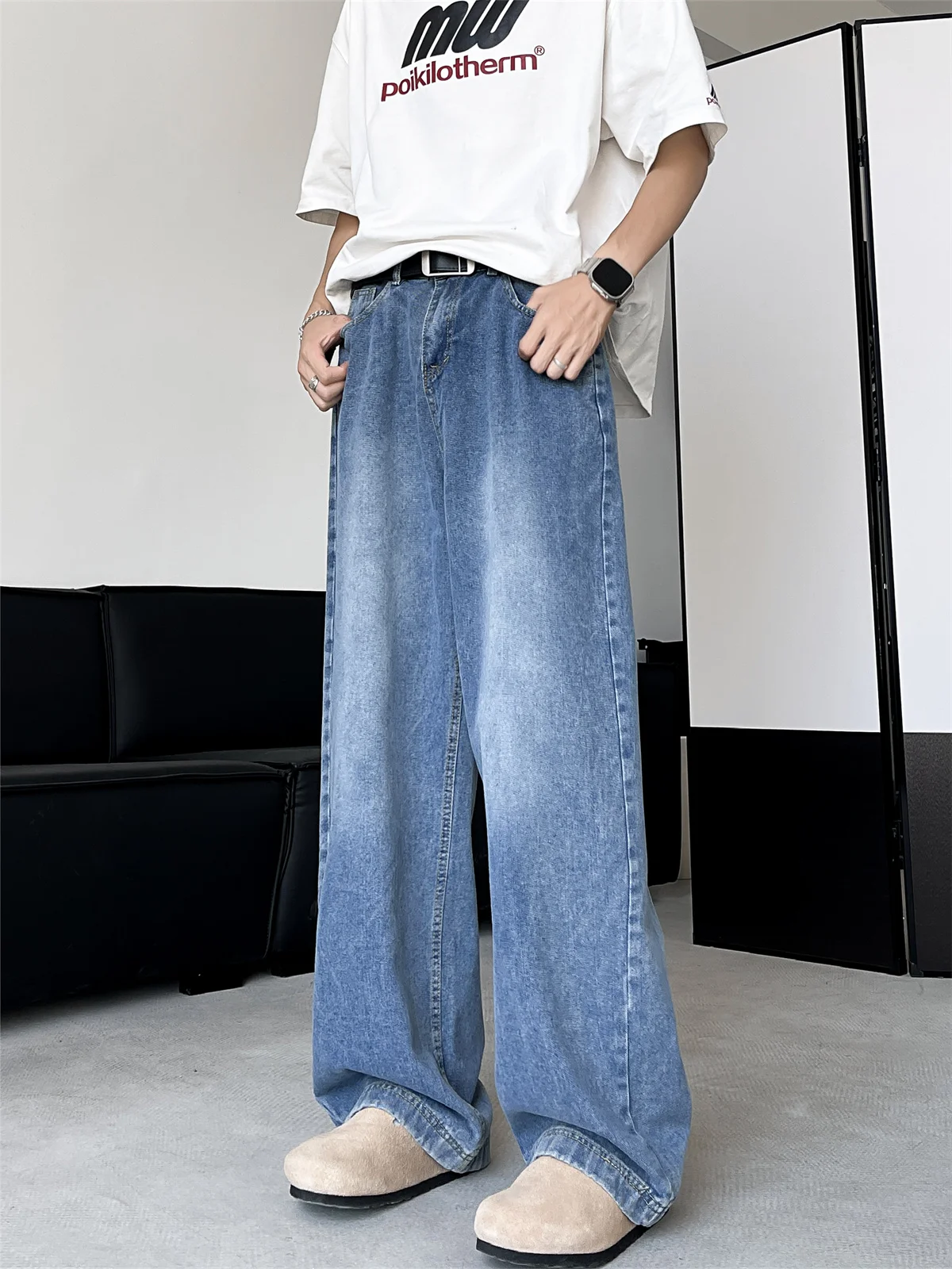 

Retro American Denim Jeans Men's Versatile Loose Wide Leg Straight Casual Floor-Length Pants High Street Trend Youth