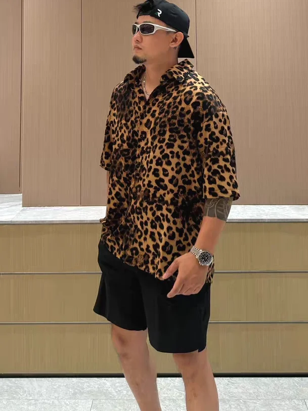 

Retro American Leopard Print Men's Streetwear Loose ort Sve Ice Silk Chiffon Floral irt Summer Thin Polyester Fiber