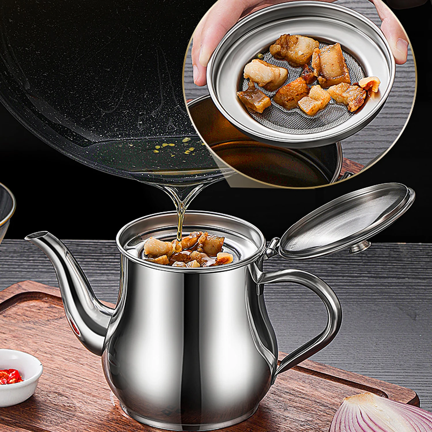1Pc Household Stainless Steel Oil Pot with Filter Oil Filter Pot Stainless Steel Cooking Oil Storage Pot Kitchen Gadget view 2