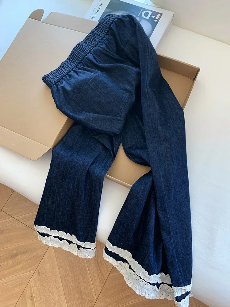 عميق الأزرق الدانتيل المرقعة واسعة الساق الجينز مرونة الخصر فضفاضة عادية مستقيم السراويل الربيع الصيف الكورية نمط الدنيم السراويل