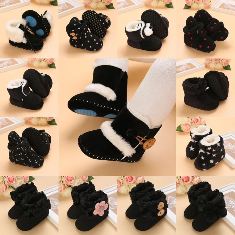 Classic 0-18M Baby Autumn Winter Boots Baby Girl Boys Black Warm Shoes Solid Fashion Toddler Fuzzy Balls First Walkers Kid Shoes