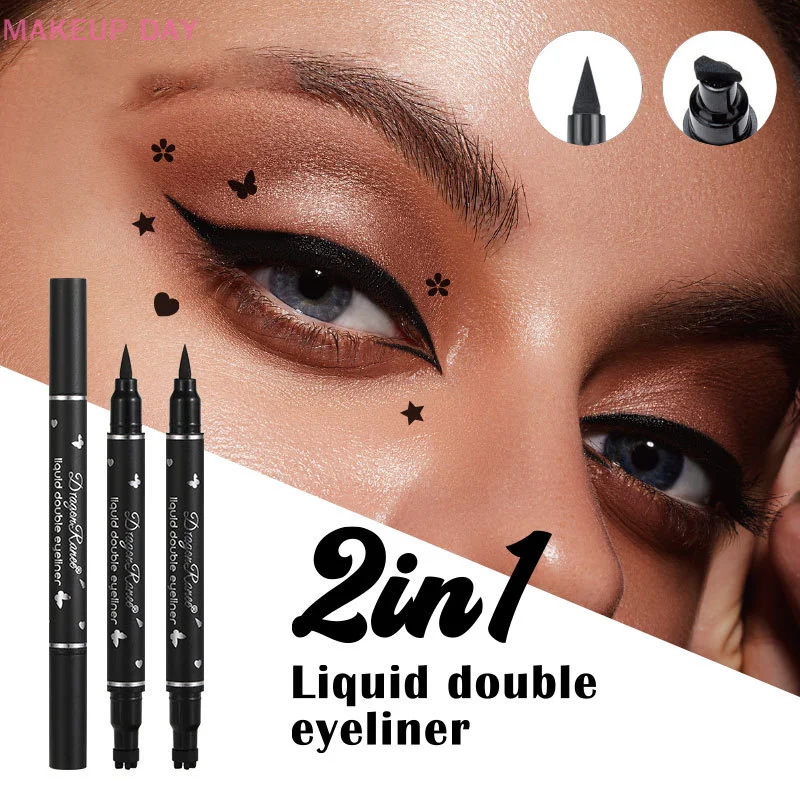 Stylo Eyeliner Double Extrémité 2 en 1, Sceau Étoile, Tampon Lune, Longue Durée, Imperméable, Noir, Liquide Eye Liner, Crayon Yeux, Maquillage Cos