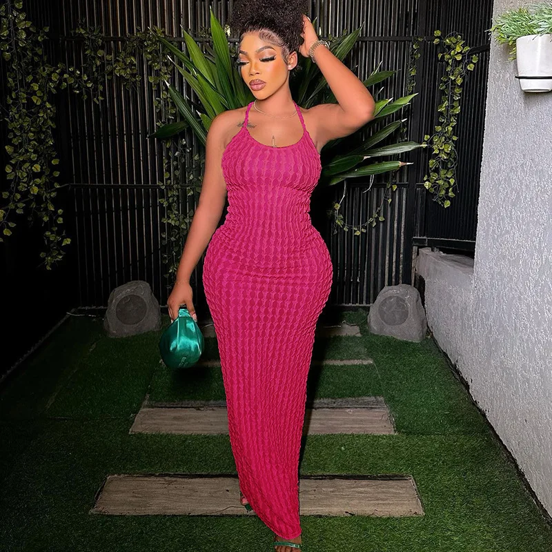 Sedutor vestido sem costas alça espaguete vestido de verão monocromático pipoca textura vestido elegante praia festa vestido de verão