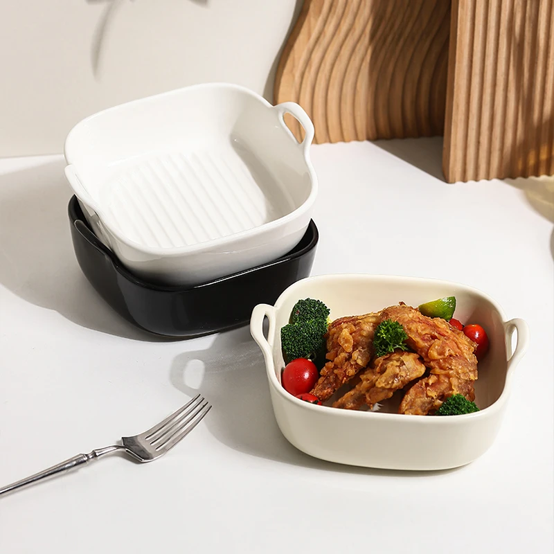 Plato para hornear Binural de cerámica para el hogar, platos de comedor de arroz al horno con queso a rayas sólidas de 8 pulgadas, freidora de aire para horno, vajilla especial