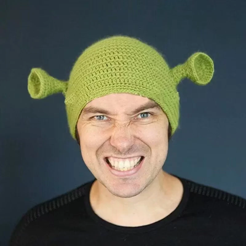 A cute and funny cartoon green knitted woolen pullover cap with ears, decorated and windproof fashion