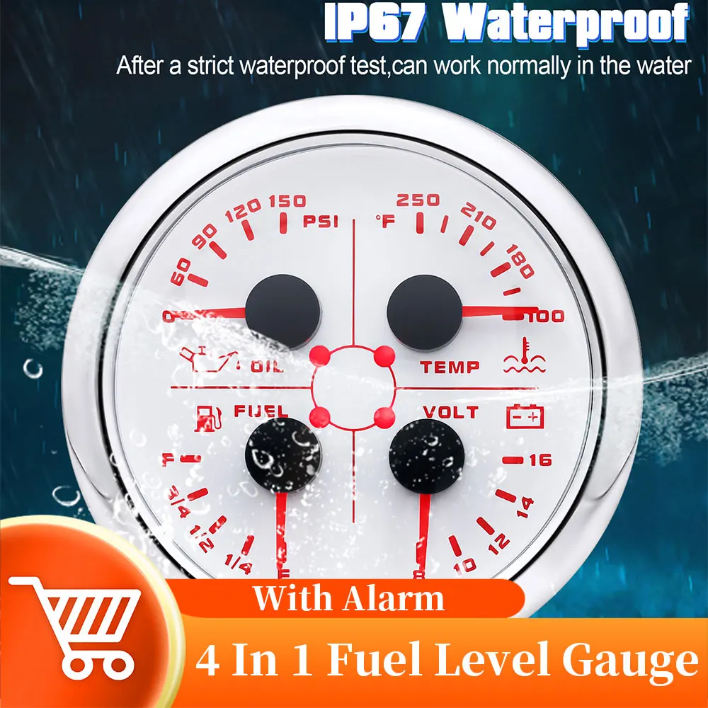 4 In 1 Waterproof Fuel Gauge Fit Fuel Level Sensor Oil Pressure Water Temperature VOLT Meter Red Backlight With Flashing Alarm