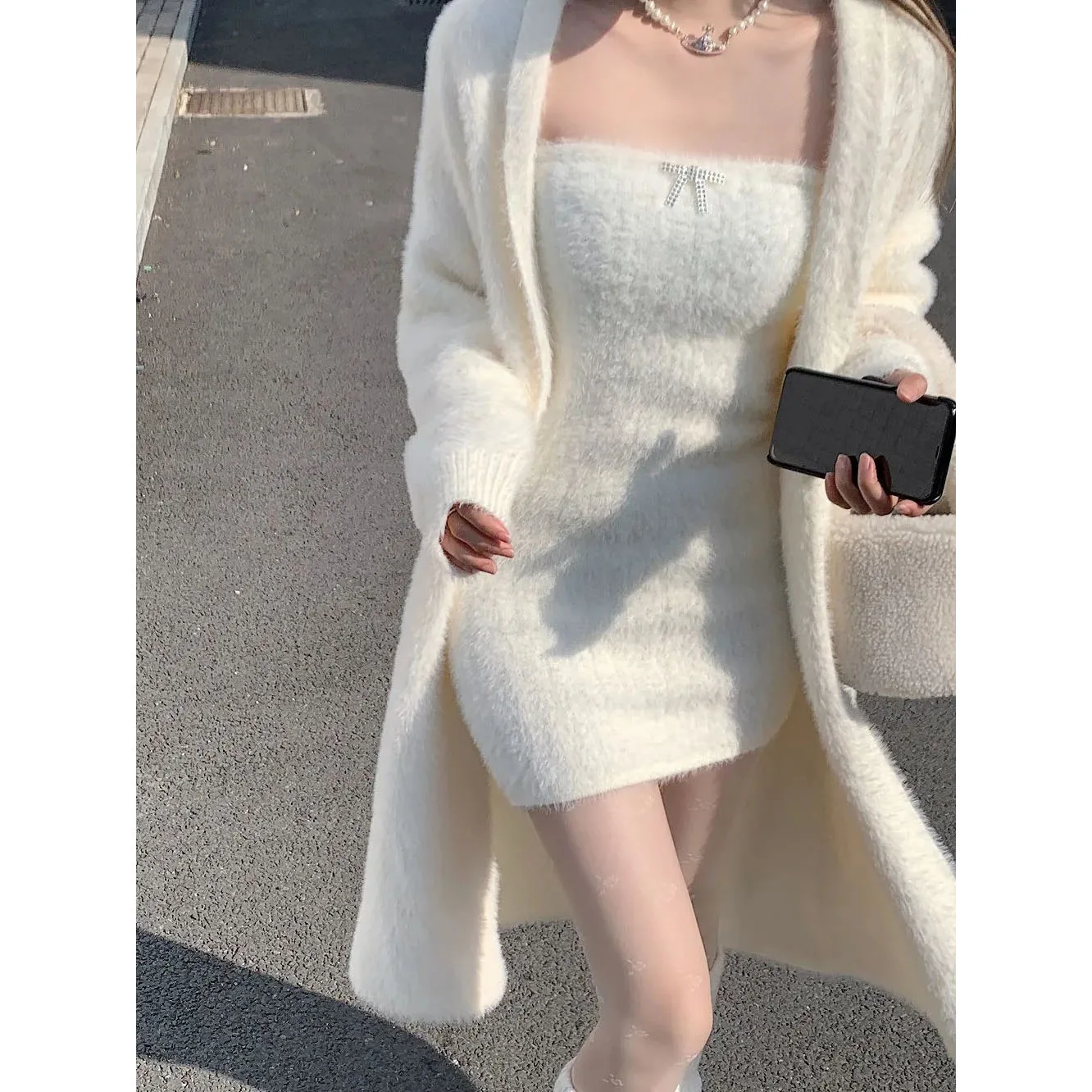 Soft Long Knitted Cardigan Women Imitation Mink Sweater Coat Sexy Strapless Dress 2 Piece Set Thick Plush Cardigan Sweater Suits