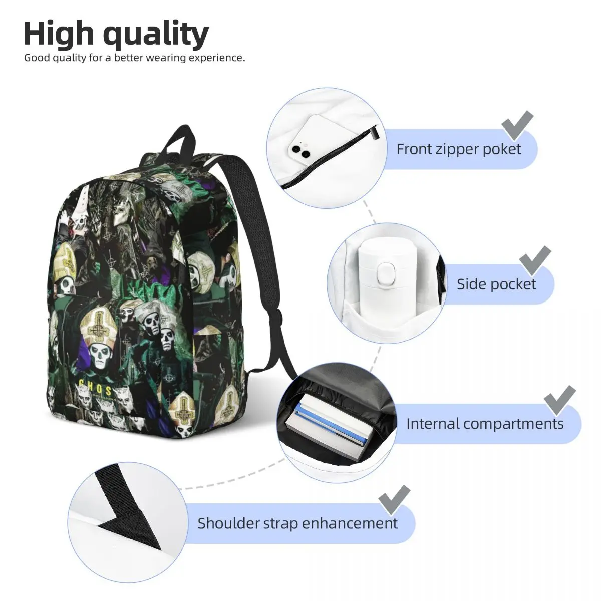 Ghost Band B.C. Rock Band Halloween Backpack with Pocket Student Hiking Daypack for Men Women Laptop Computer Shoulder Bag