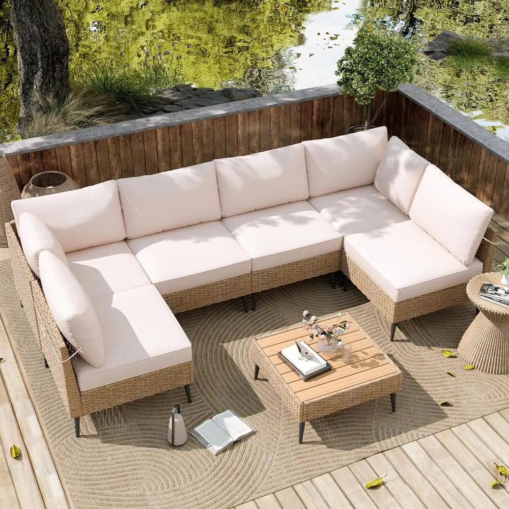 

7-Piece Weather-Resistant PE Rattan Sectional Sofa Set with Cushions for Outdoor, Garden, Poolside, Backyard (Beige)