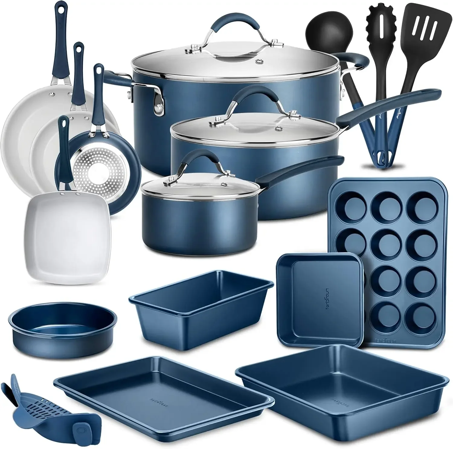 Professional 20 Pc Kitchen Set in Navy Blue - Durable Non-Stick Pots and Pans with Bakeware Set, Compatible with Any C