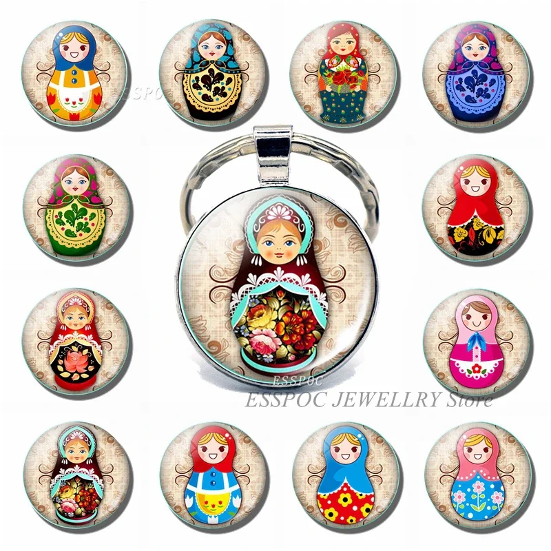 Russian Doll Keychain Matryoshka Sleeve Dolls Cartoon Glass Dome Jewelry Fashion Key Chain Car Keyring Pendant Women Kids Gifts