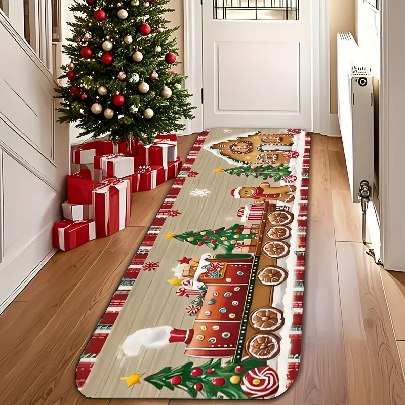 Train Christmas Gingerbread House Floor Runner Mat Wood Bedside Hallway Laundry Room Sofa Side Bathroom Kitchen Door Mat