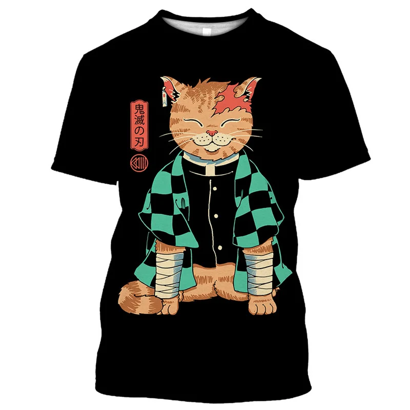 Summer Pattern Men\'s T-shirt Cat Japanese Hip Hop 3D Print Personality   Neck Short Sleeve  Fashion Clothes