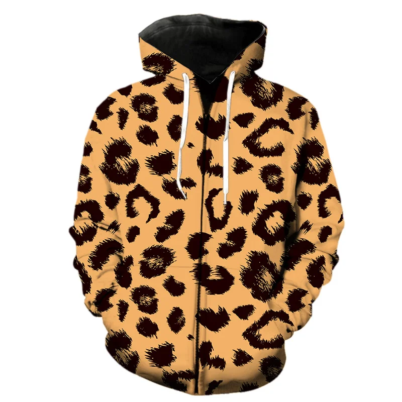 3d Print Leopard Zipper Hoodie For Men Fashion Harajuku Animal Fur Texture Long Sleeve Hoodies Streetwear Hip Hop Sweatshirts