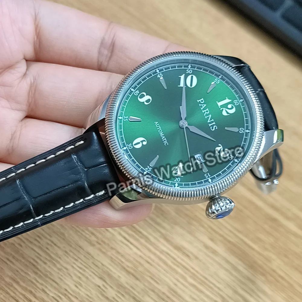 Parnis 42mm Silver Case Green Dial Men Mechanical Automatic Watch Green Leather Strap Calendar Sapphire Crystal Watch Case