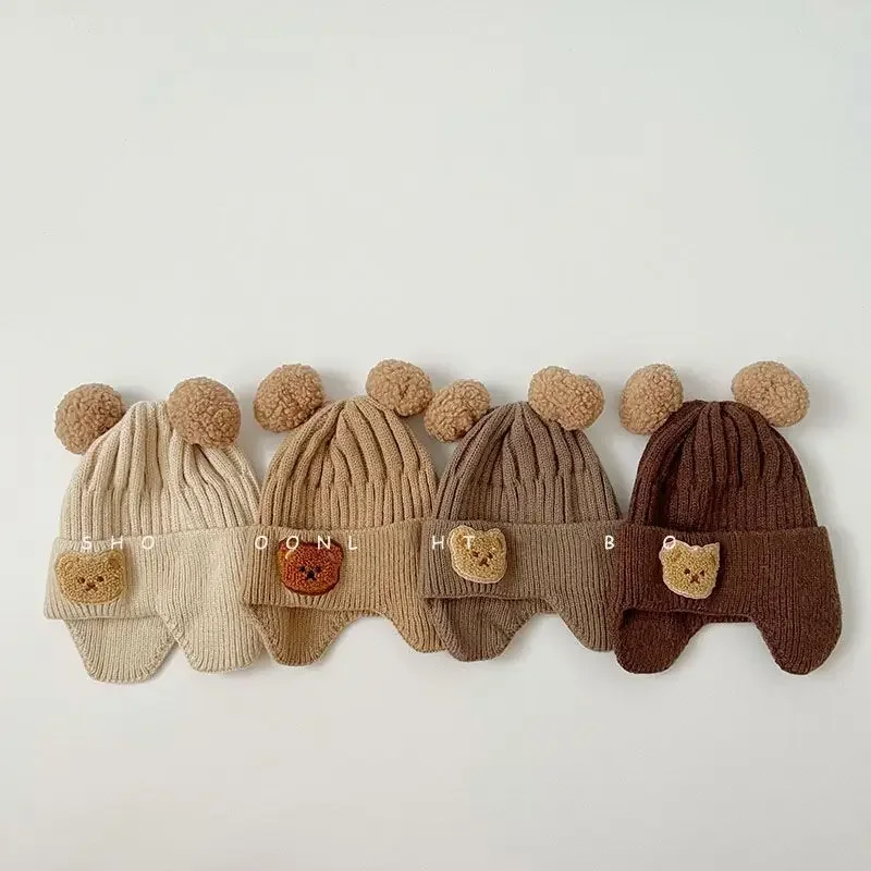 Cute Pom Bear Baby Hat 2024 Autumn Winter Baby Beanie Woolen Hat Girls Boys Ear Protection Hat Soft Thickened Bonnet Cap