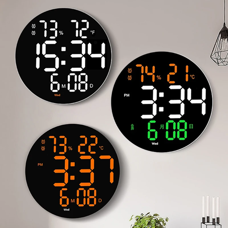 10Inch Round LED Large Digital Wall Clock Living Room Brightness Silent Smart Clock Home Decoration with Temperature Thermometer