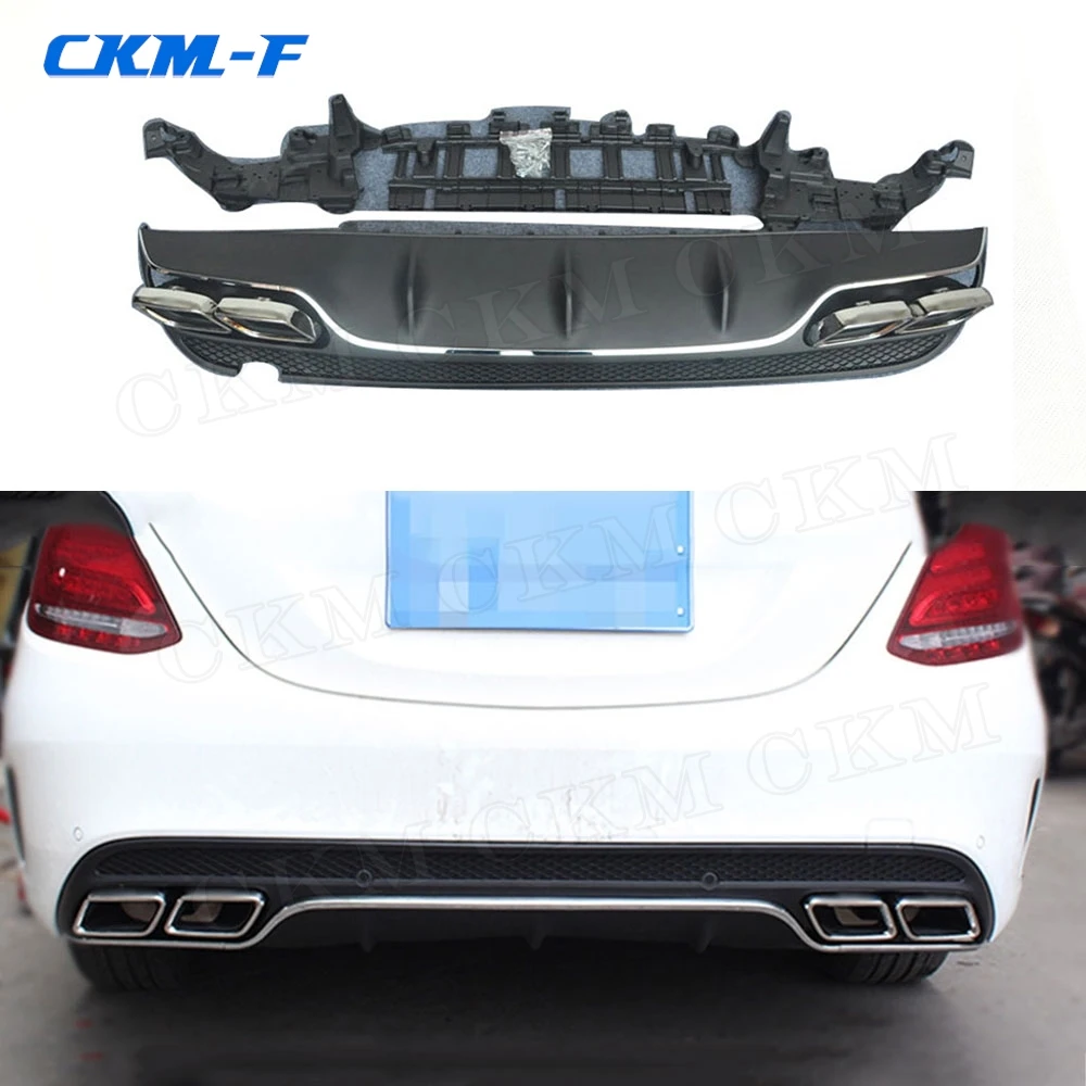 PP Rear Bumper Lip Diffuser Exhaust Tips 4 Outlet for Benz C Class W205 C200 C220 Sedan 4 Door Change to C63 AMG look 15-17
