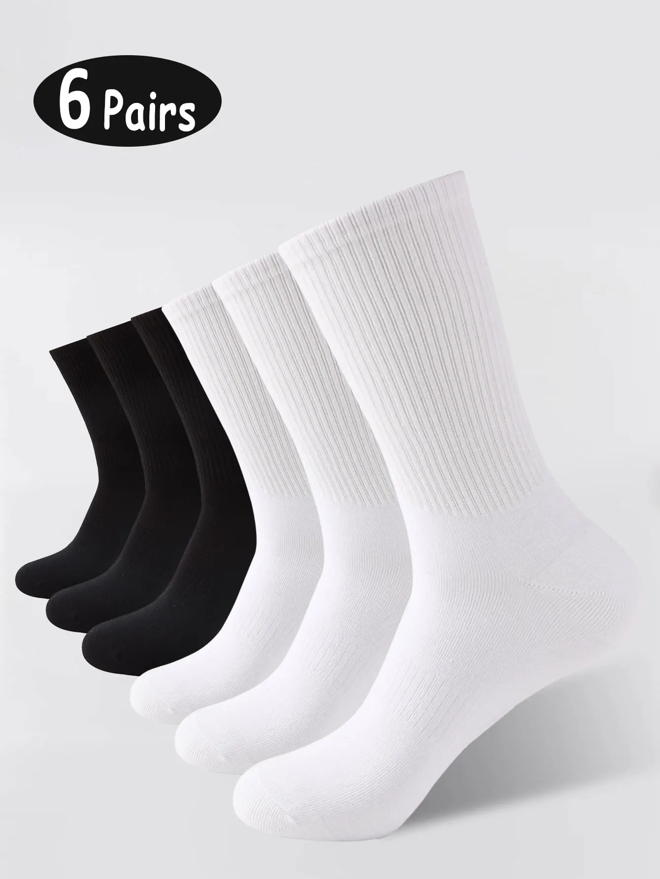 6 pairs of men\'s solid color mid tube socks, men\'s socks, long tube socks, anti odor socks, business long socks, black all white