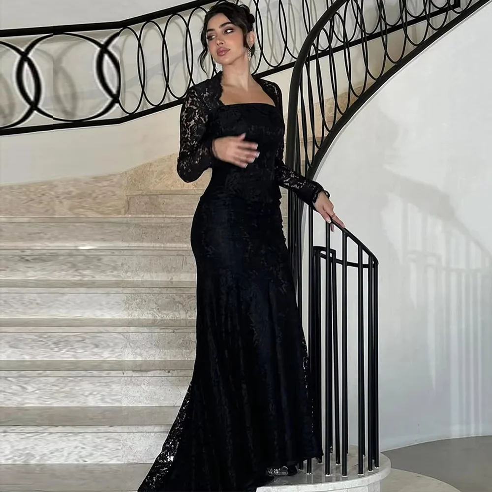

Black Lace Evening Dress Sexy Square Collar Long Sleeves Homecoming Dress Customized Buttons Back Mermaid Special Occasion Gowns