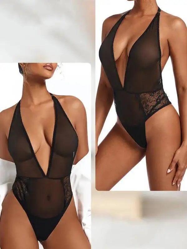Body de encaje Sexy elegante chica caliente malla transparente sin espalda tirantes en V profundo sin mangas negro Casaul monos encantador ZEME