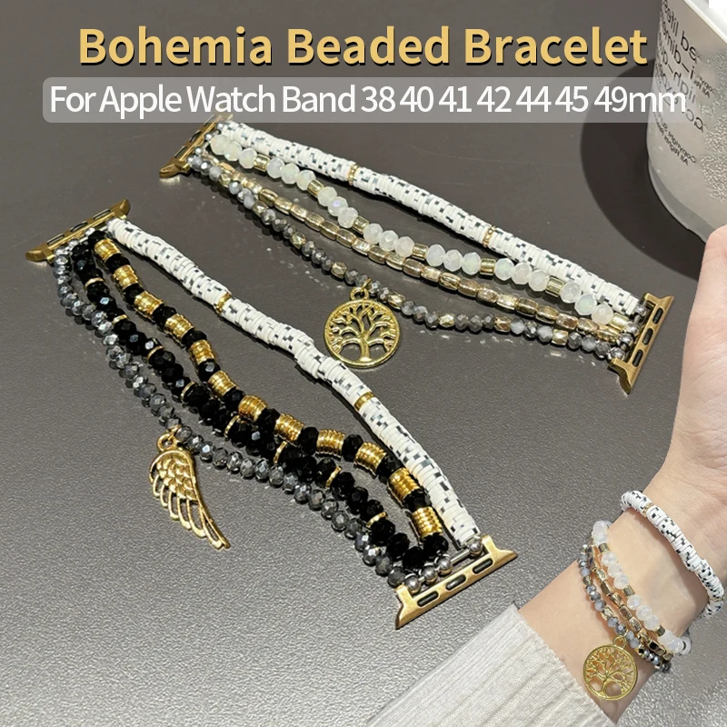 

Bohemia Style Beaded Strap for Apple Watch Band 40mm/44mm 38/42mm 41/45mm Women Bracelet for Iwatch Serie 9 8 7 6 5 Wing Pendant