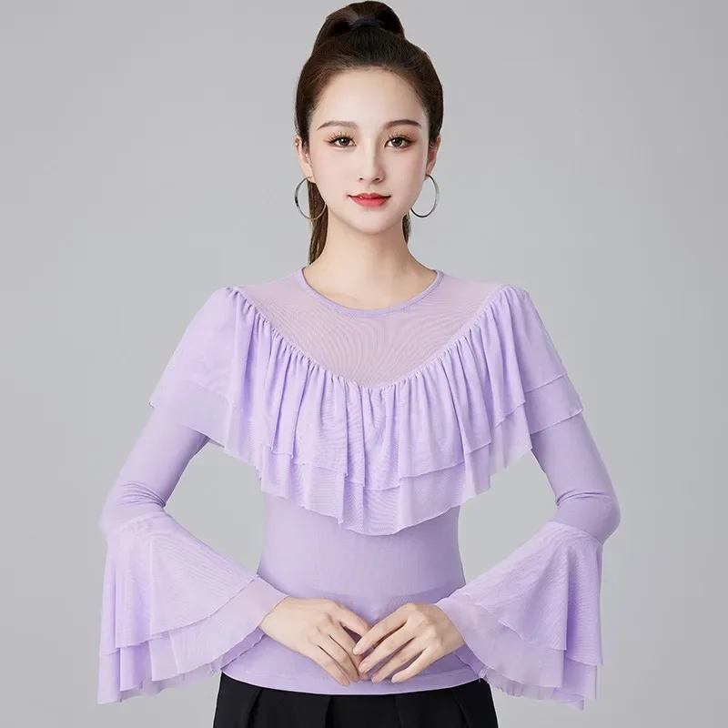 

2025 New Adult Women International Ballroom Costume Modern Latin Dance Top Lady Sexy V-neck Mesh Sleeve Fabric Girls Dancewear