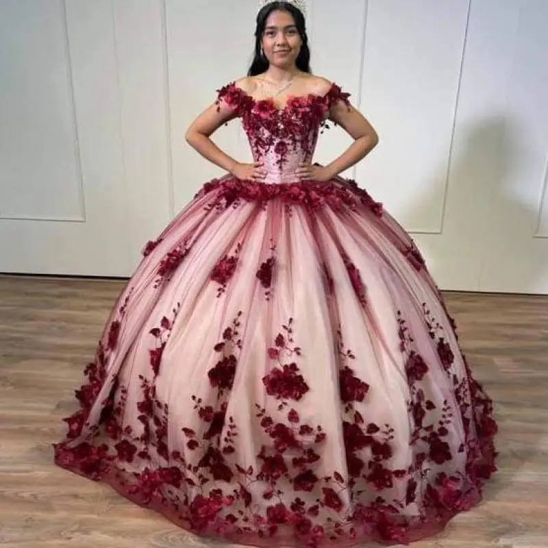 Y&m Novias Dark Red Evening Dress Sweet 16 Dresses 3D Flowers Lace Applique Off Shoulder Prom Ball Gown Graduation Plus Size