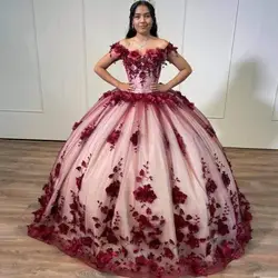 Y&m Novias Dark Red Quinceanera Sweet 16 Dresses 3D Flowers Lace Applique Off Shoulder Prom Ball Gown Graduation Plus Size Floor