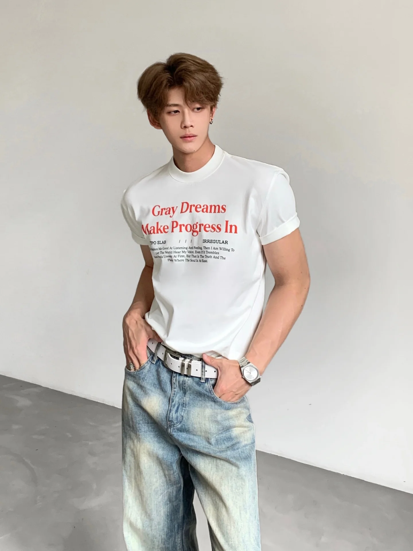 CleanFit American High Street Minimalist Light Alphabet Shoulder T-Shirt Unisex Short Sleeve Commuting Versatile Cotton Top