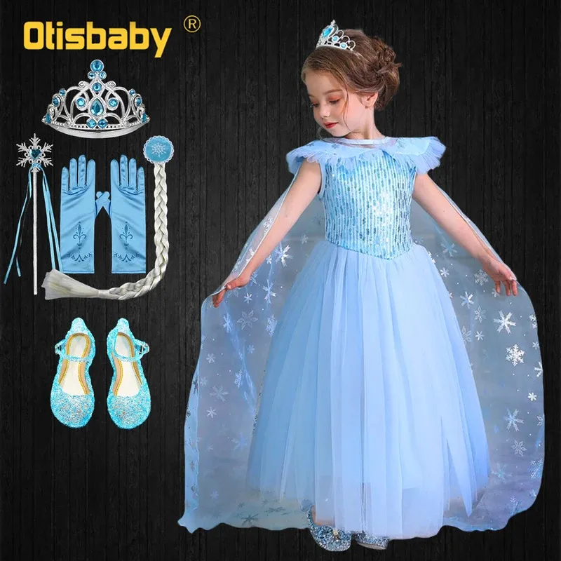 

Girls Queen Elsa Princess Dress Up Kids Light Blue Sequin Tulle Ball Gown Birthday Party Dress with Snowflake Cape Fantasia Elsa