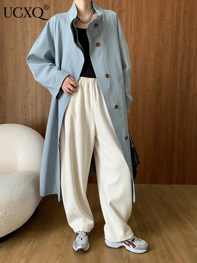 

UCXQ Fashion Long Jacket British Style Stand Collar Solid Color All Match Loose Casual Trench Coat Women 2024 Spring Autumn 9832