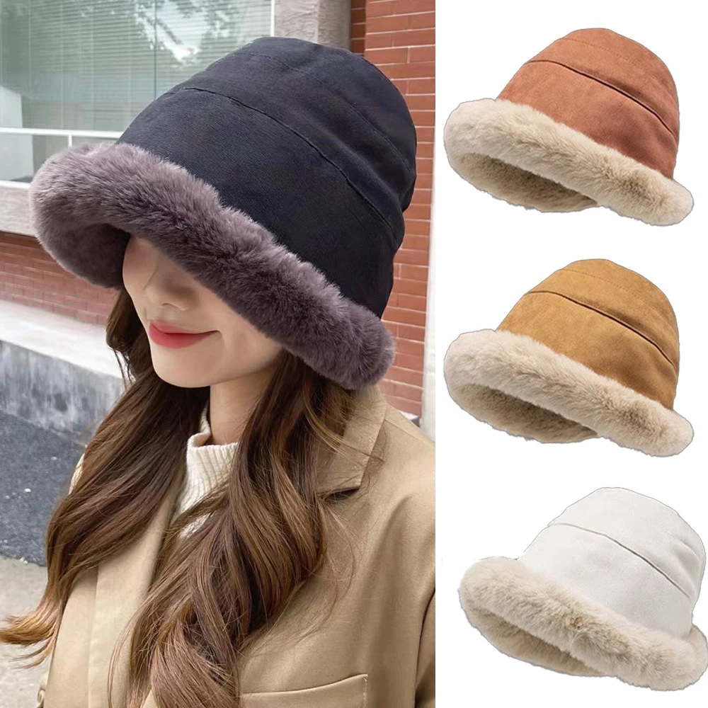 New Winter Bucket Hat Soft Thickened Plush Hats Women Outdoor Windproof Caps Warm Beanies Ladies Fisherman Hat Panama Hat