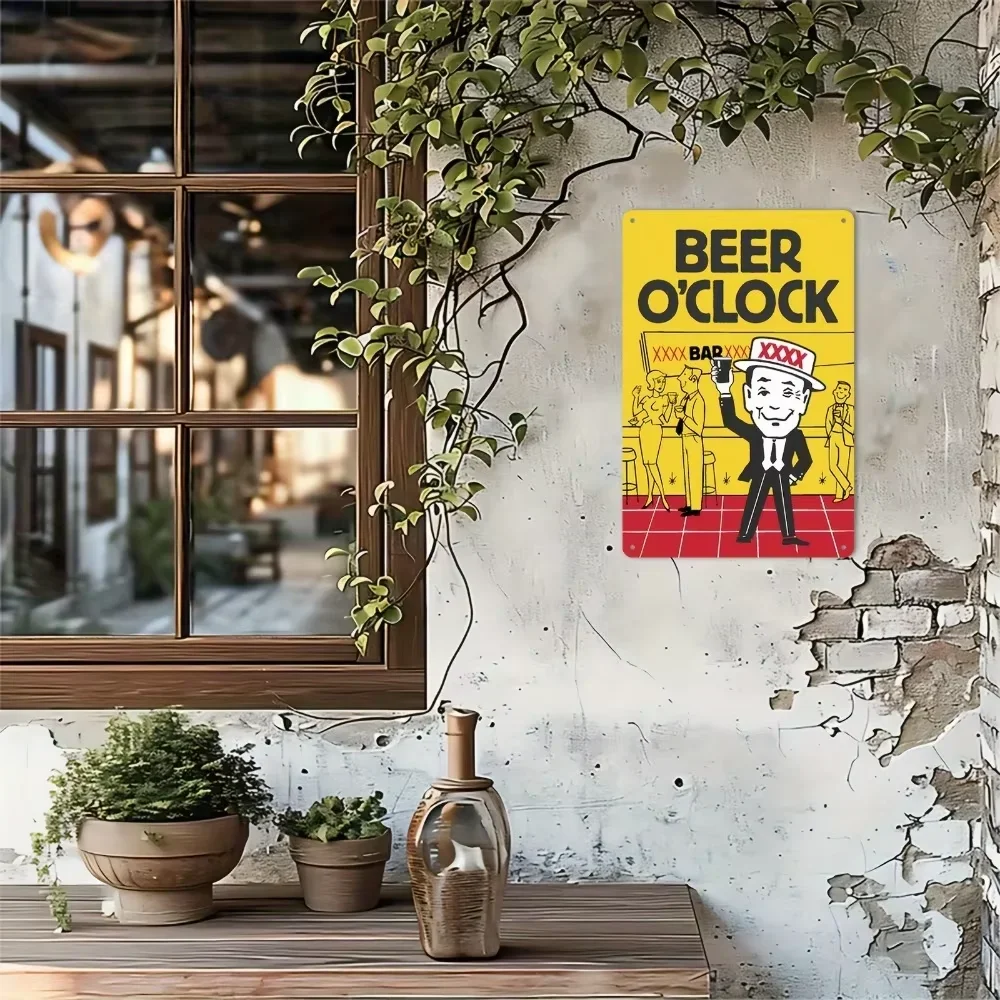 لافتة معدنية "Beer O'Clock" غير منتفخة - ديكور قديم مع أنماط كرتونية ممتعة، مادة متينة مقاومة للصدأ، مثالية للنوادي والكراجات