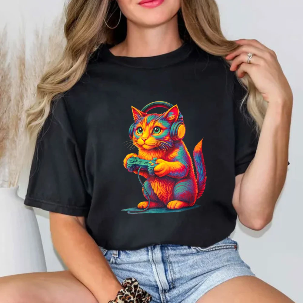 Retro Gaming Headset - Lebendiges Regenbogen-Gaming-Katzen-Grafik-T-Shirt für Damen, Headset- und