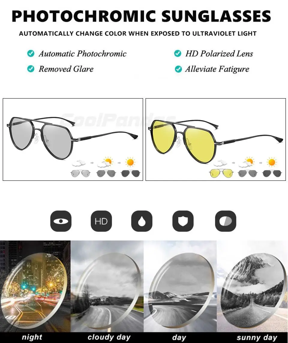 CoolPandas Hohe Qualität Aluminium Photochrome Sonnenbrille Für Männer Frauen Polarisierte Chameleon Linsen Brillen Fahren Pilot Gläser – Detail 6