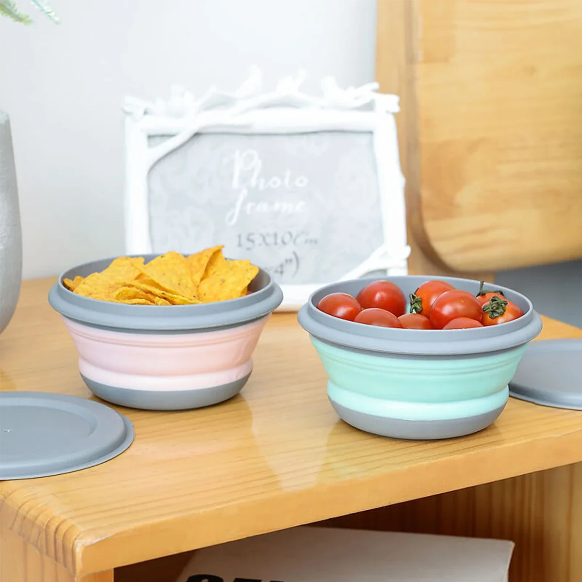 3 Pieces Silicone Folding Bowls with Lid Foldable Lunch Box Portable Salad Bowl Sets