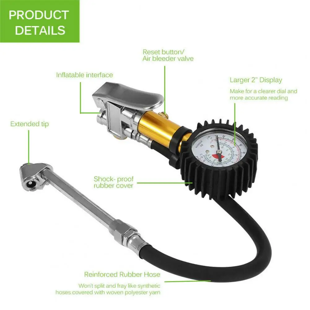 Wear-resistant Thickened Hose Dual Scale Tyre Pressure Gauge, 220PSI High Precision Stable Manual Air Meter for Car