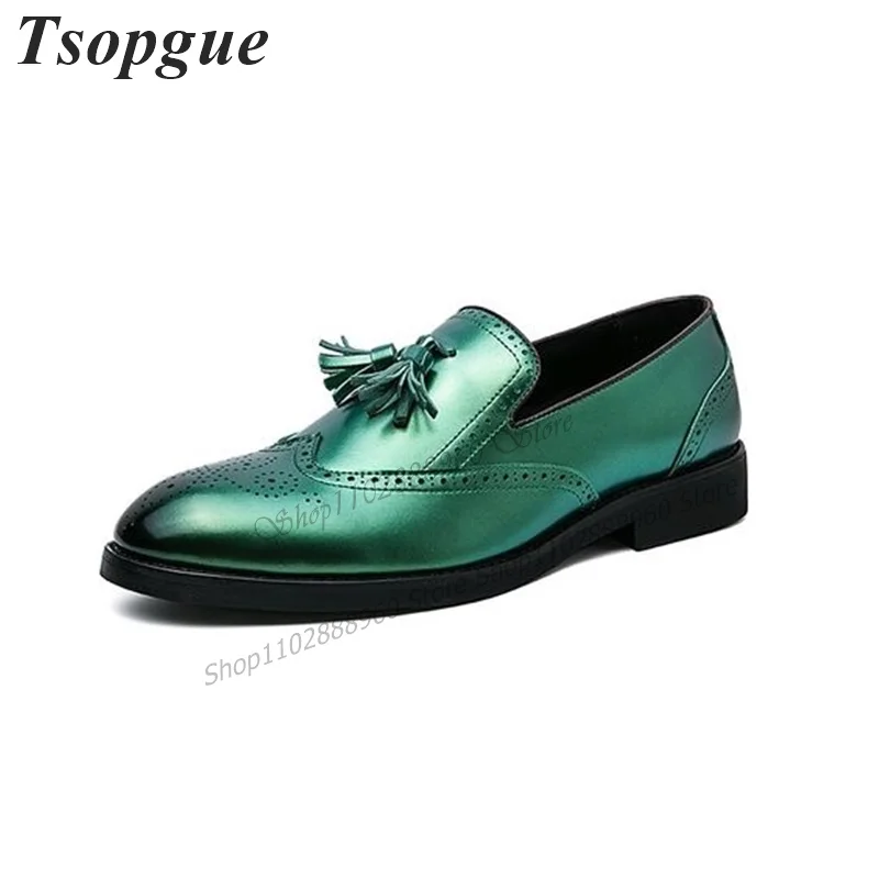 Green Metallic Short Tassels Carve Decor Shoes For Men Men's Pumps Runway Casual Party Shoes 2023 Fashionable Zapatillas Mujer