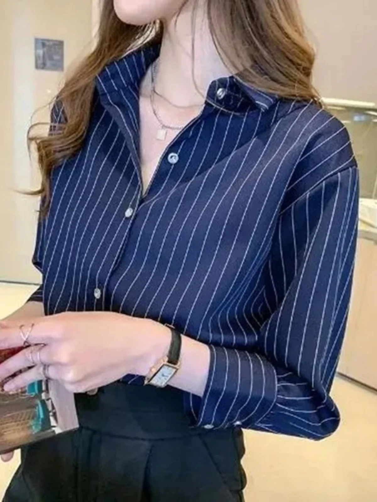 

Women's Long Sve Striped irt Collared Premium Quali Faionable And Sli Ladies' irt for Young Women
