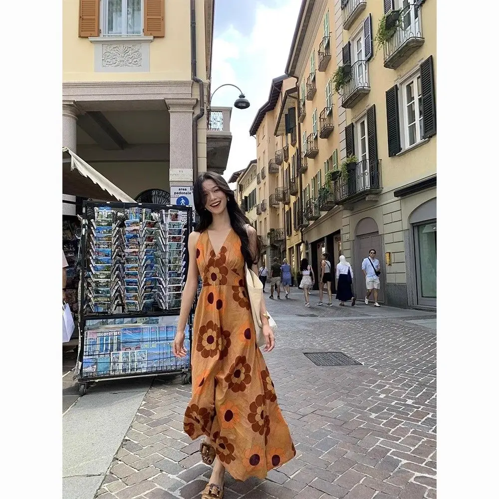 

French Retro Orange Print V-neck Suspender Dress Women's Seaside Vacation Dress