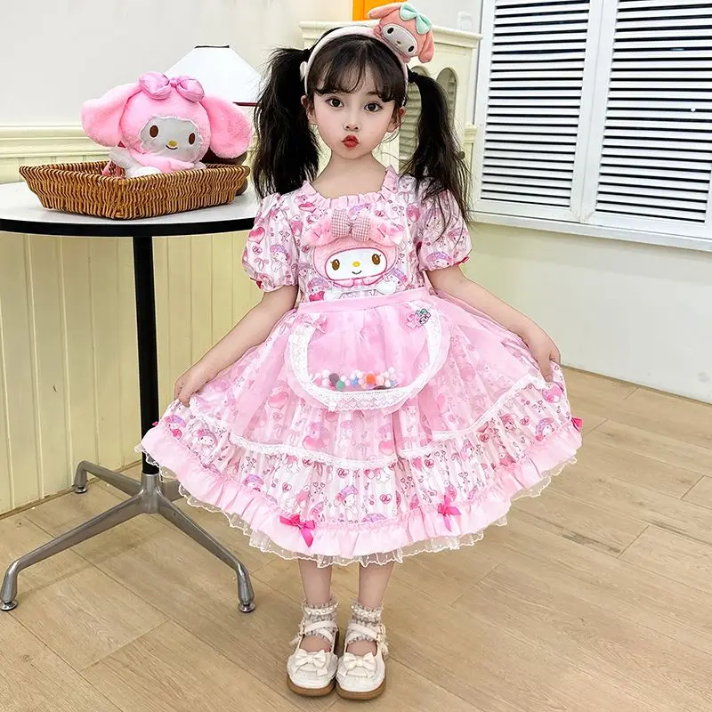 New Anime Sanrios Dress Kawaii My Melody Girls Cute Lolita Princess Skirt Short Sleeve Fashion Veil Birthday Party Dress Gift