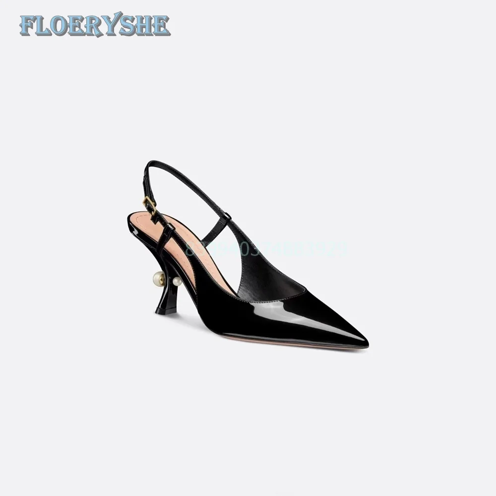 Pearl Heel Rome Sandals Elegant Slingback Black Commiting Low Heel Shoes For Women 2024  Luxury Fashion Pointed Toe Shallow