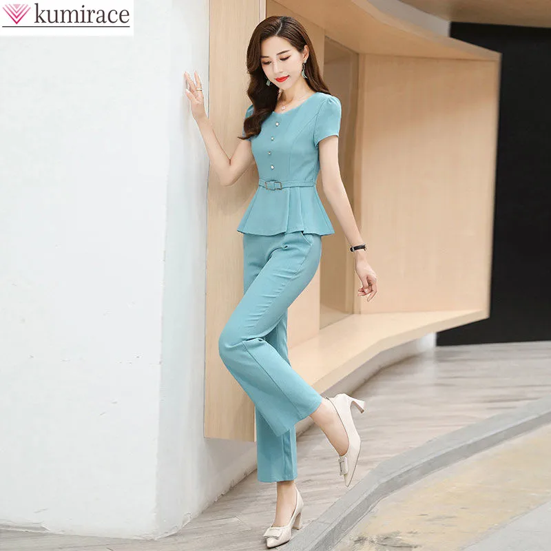 Korean Fashion Elegant Women\'s Pants Set Fashion Pleated Chiffon Short Sleeve Top T-shirt Casual Pants Two-piece Set Tracksuit