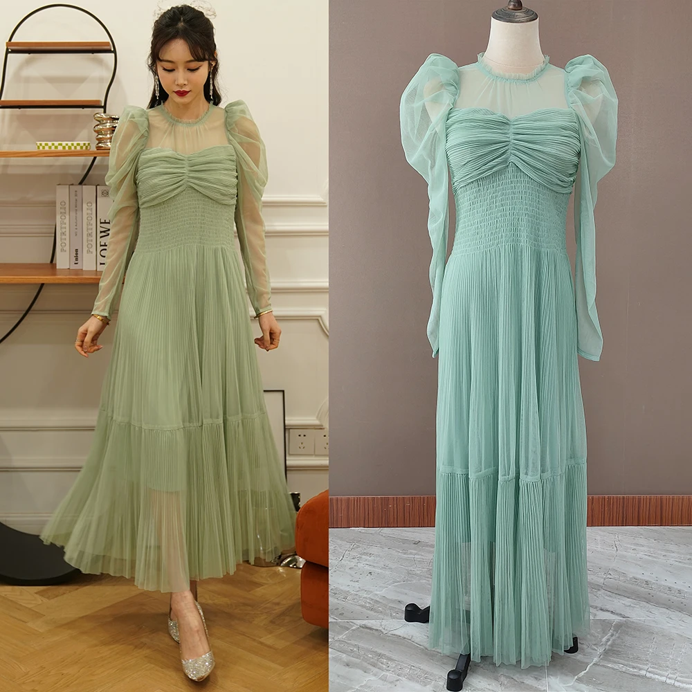 

Ankle Length Pleated Tulle Swing Evening Dress Drop Ship Round Neck Custom Made Long Lantern Sleeves Plus Size A Line Prom Gowns
